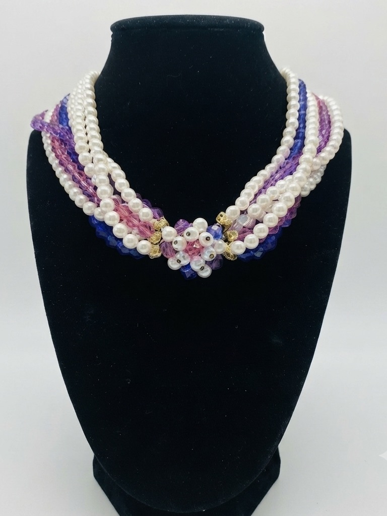 Vintage Multi-Strand Pearl & Bead Statement Necklace Japan Front Clasp